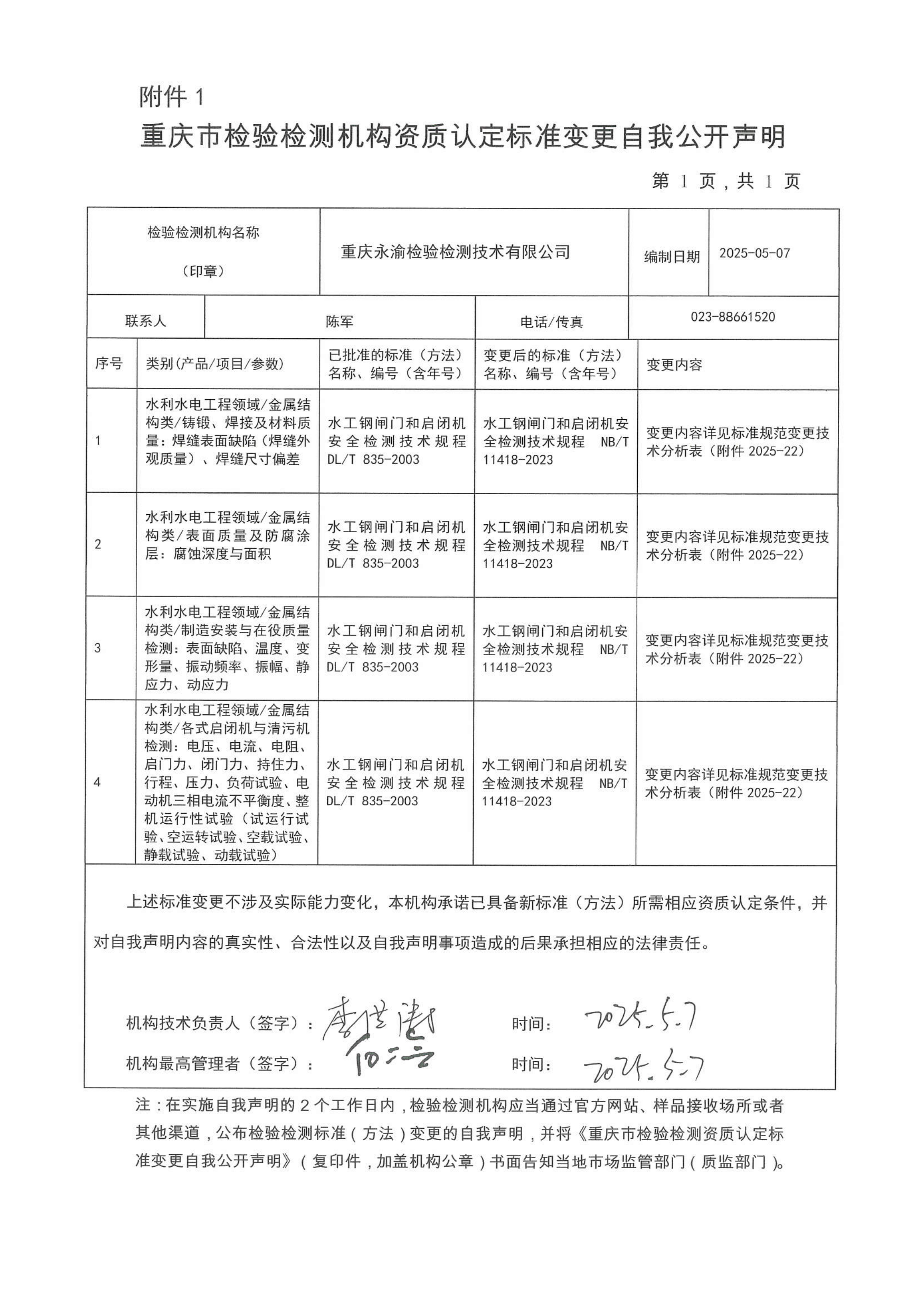 重庆市检验检测机构资质认定标准变更自我公开声明