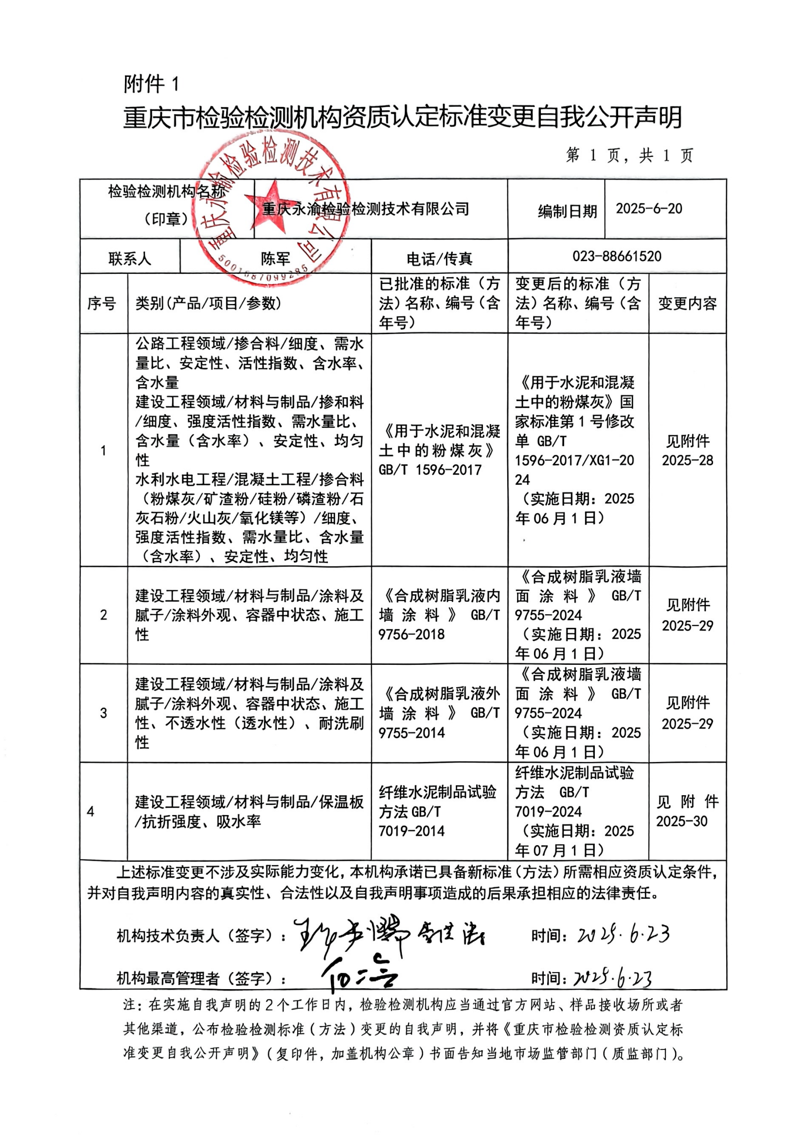 重庆市检验检测机构资质认定标准变更自我公开声明