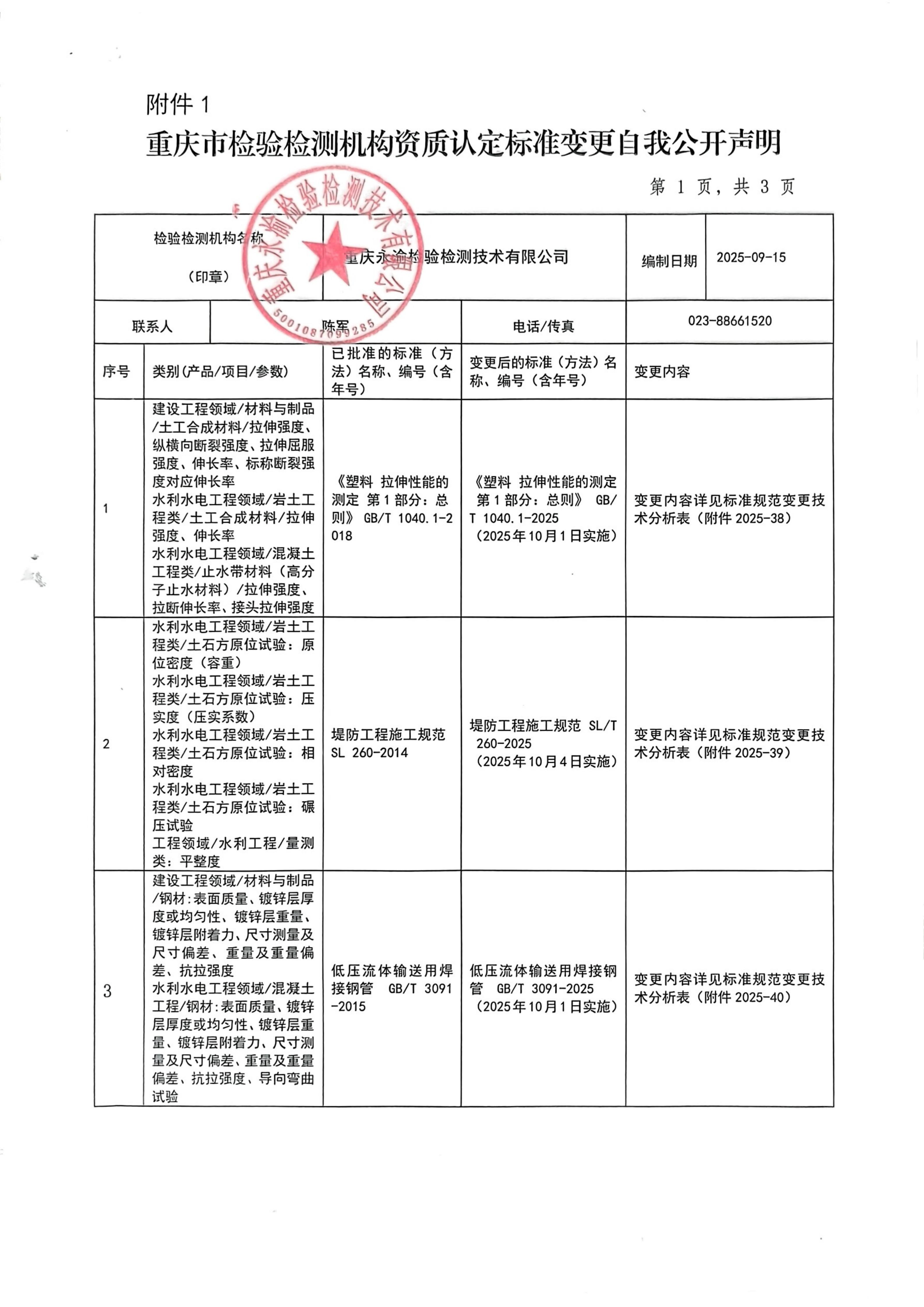 重庆市检验检测机构资质认定标准变更自我公开声明